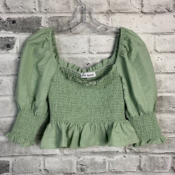 En Saison Crop Top Mint Smocked Puff Sleeve Square Neck Peasant Boho Blouse - Picture 6 of 12